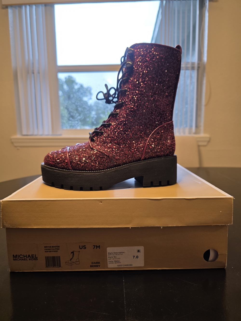 MICHAEL Michael Kors Bryce Bootie Dark Berry Glitter Lace-Up Combat Boots 7 NEW